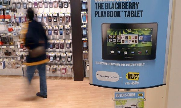 A sign advertising a Research In Motion's PlayBook tablet is seen in FairOaks Mall,Virginia April 19, 2011.