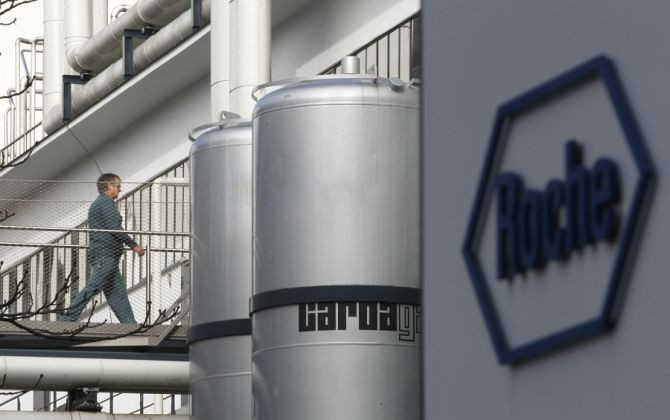 A worker makes its way on a bridge at Swiss pharmaceutical company Roche plant in Basel February 2, 2011.