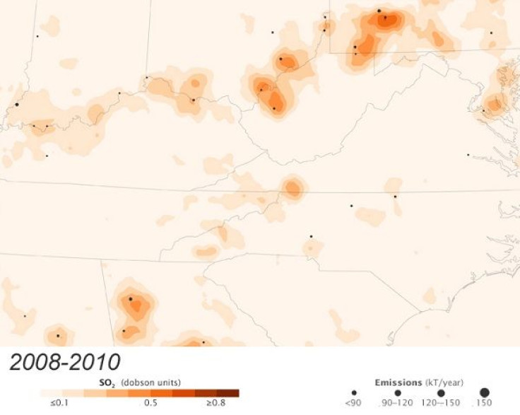These maps show average sulfur dioxide levels measured by the Aura satellite for the periods 2008-2010 over a portion of the eastern United States. The black dots represent the locations of many of the nation's top sulfur dioxide emissions sources. Large