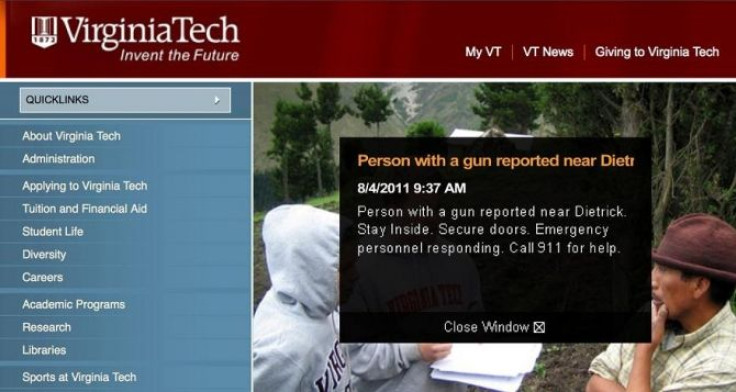 A screen capture of an alert posted on the website of Virginia Tech August 4, 2011.
