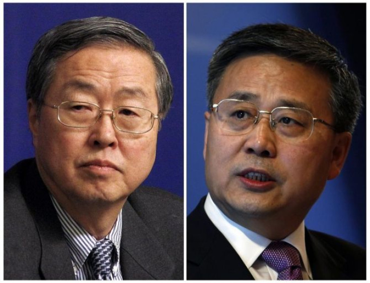 A combination picture shows (L) China's central bank governor Zhou Xiaochuan, answering a question during his annual news conference in Beijing March 11, 2011, and his possible successor (R) China Construction Bank's Chairman Guo Shuqing speaking during a