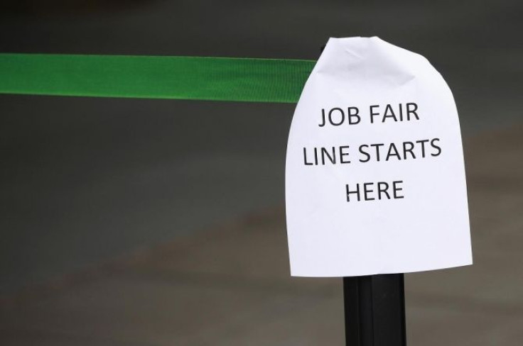 A sign marks the entrance to a job fair in New York