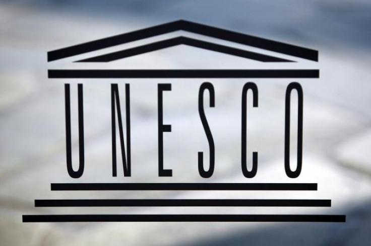 The logo of the UNESCO is seen inside at the headquarters in Paris on September 22,2009.