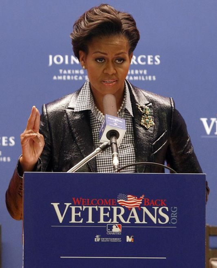 U.S. first lady Michelle Obama speaks at an event recognizing Major League Baseball's (MLB) outstanding support of America's veterans and military families as part of their Joining Forces initiative in St. Louis.
