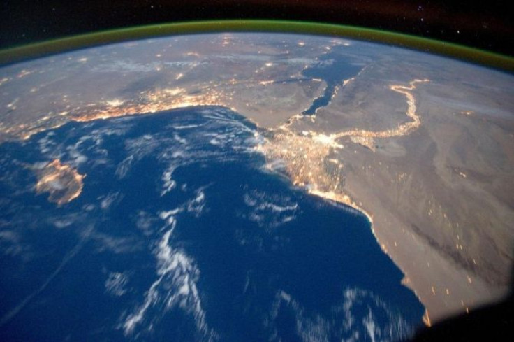 Earth's airglow is seen with an oblique view of the Mediterranean Sea area, including the Nile River with its delta and the Sinai Peninsula, in this October 15, 2011 NASA handout photograph taken by a crew member of Expedition 29 aboard the International