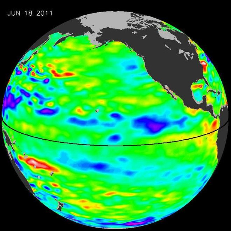 The latest image of Pacific Ocean sea surface heights from NASA's OSTIM/Jason-2 oceanography satellite collected on June 18, 2011.