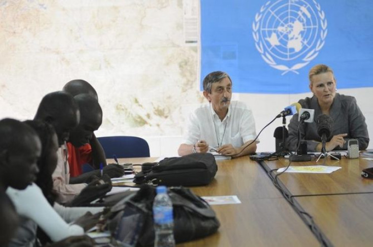 Lise Grande (R), U.N. humanitarian coordinator for South Sudan, speaks about the humanitarian situation in South Sudan during a news conference in Juba January 20, 2012.