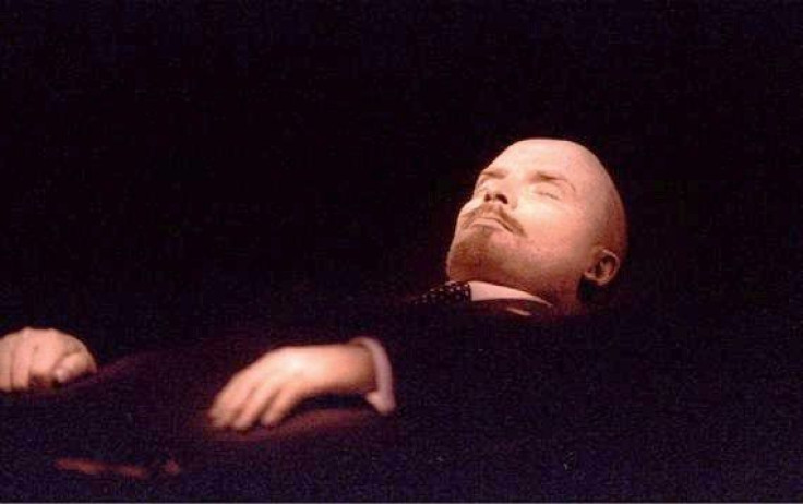 The body of Vladimir Lenin , the Soviet state founder lies in the Mausoleum of Lenin on Red Square.  Doctors say , the founder of Russian communism, may have died because of stress, family medical history or of poison given to him by his political success