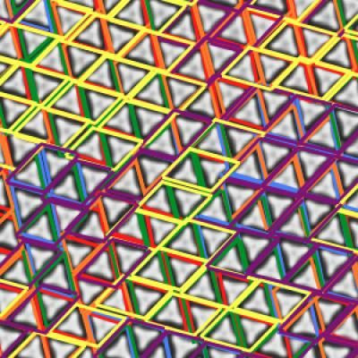 parallelogram outlines around pairs of triangles that have formed chiral super-structures