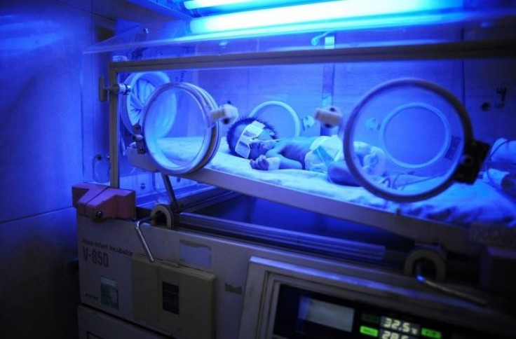 A premature baby boy lies in an incubator at maternity hospital.