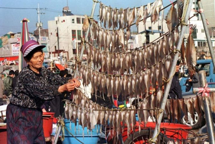 A South Korean woman arranges squid on a rack to dry in the east coast port of Chumunjin December 24. Dried squid is a delicacy in Asia and fishermen and women toil year round in Korea to feed the seafood-loving nation
