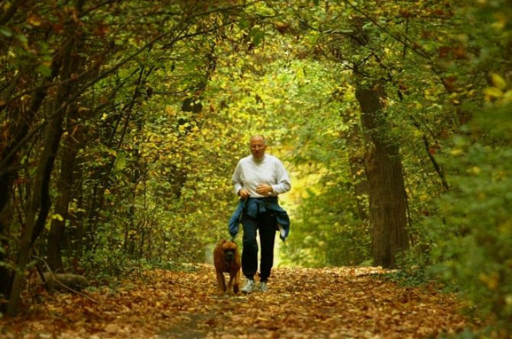 man and his dog jogs in park