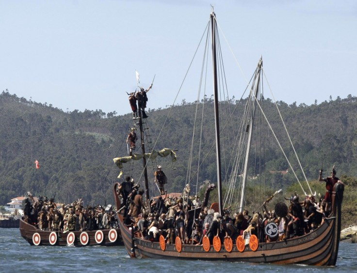 Vikings sail on a boat during the annual Viking festival in Spain