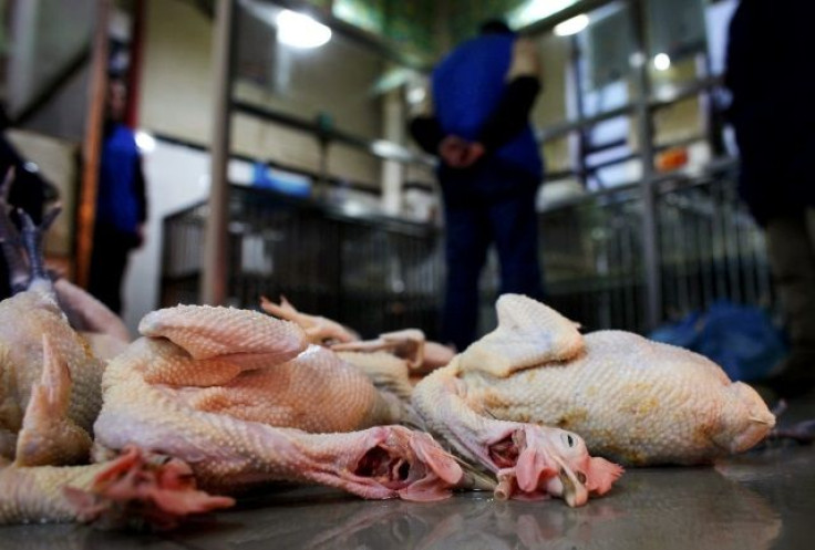 Whole chickens available for sale at a Shanghai market