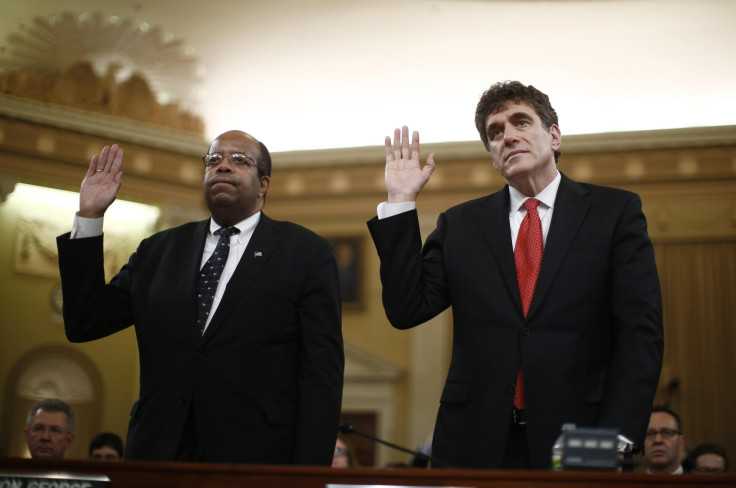 Outgoing acting IRS Commissioner Steven Miller and Treasury Inspector General for Tax Administration J. Russell George are sworn-in on Capitol Hill in Washington