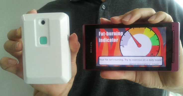 This shows a portable breath acetone analyzer and an Android-based smartphone for displaying results.