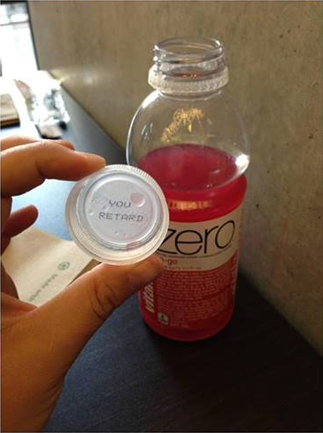 Blake Loates Vitamin Water bottle cap hurtful message
