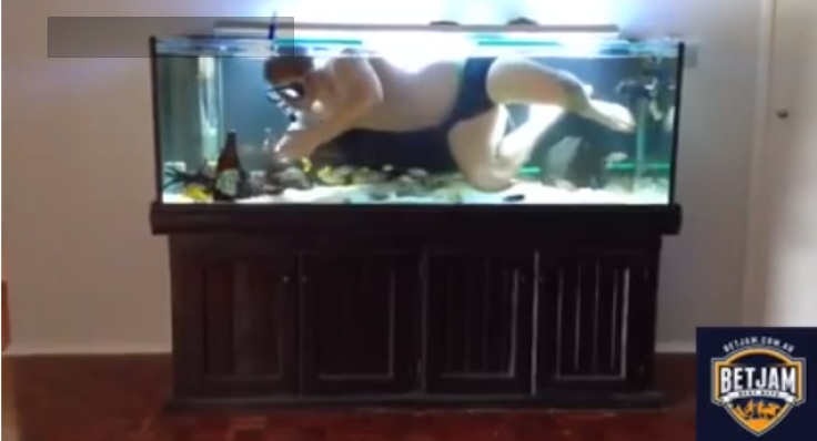 Guy necks a beer in his fish tank