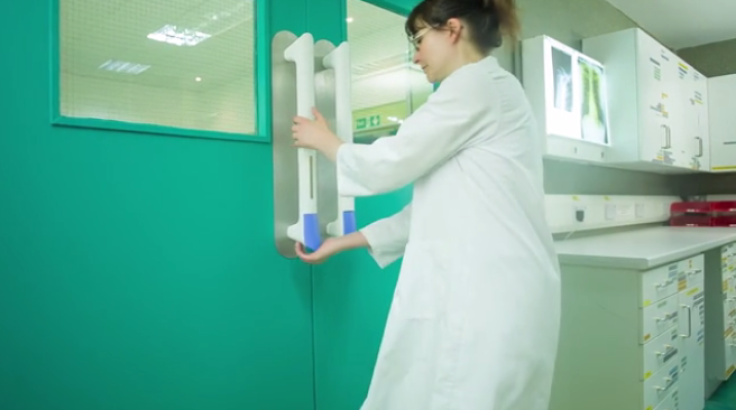 PullClean is a hospital door handle that dispenses a dab of hand sanitizer when pushed