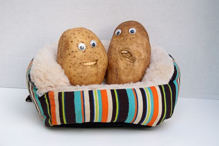 Two happy smiling potatoes sitting on a couch