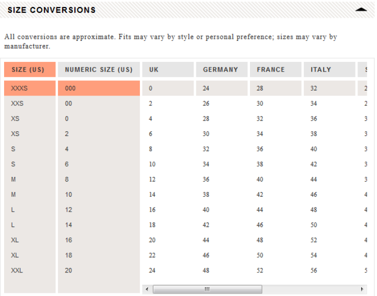 J. Crew size conversions