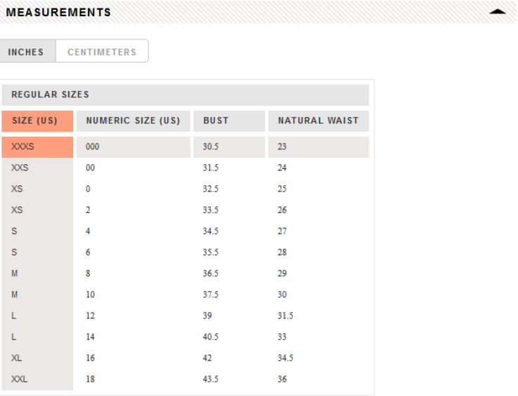 J. Crew measurement sizes