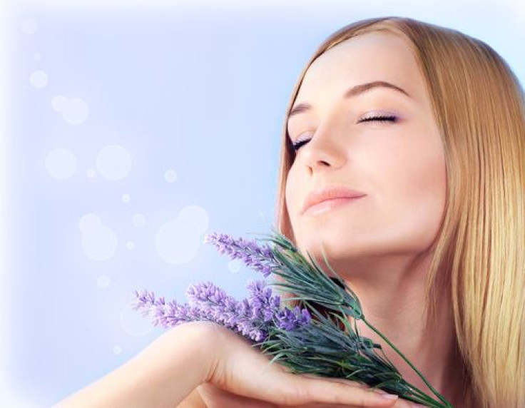 Woman enjoying flower lavender scent 