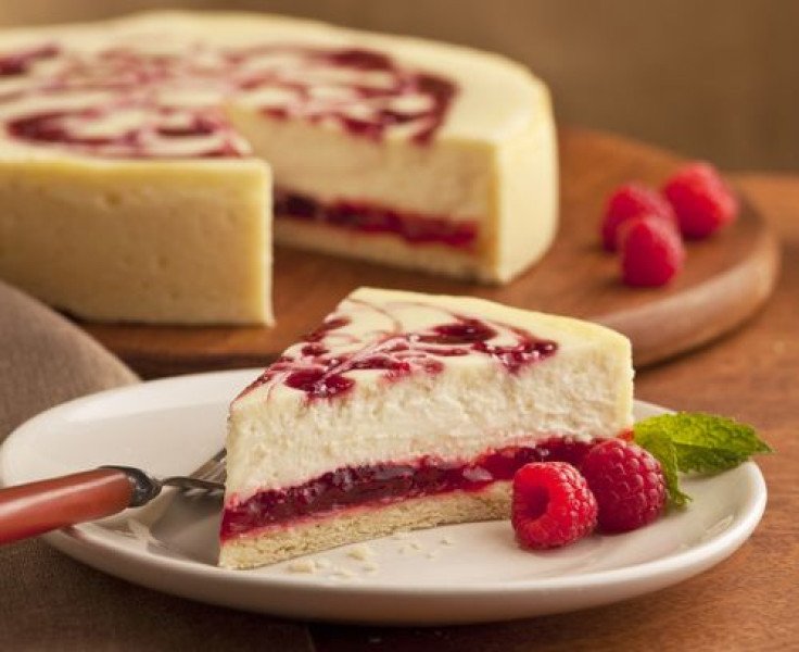 A slice of raspberry cheesecake
