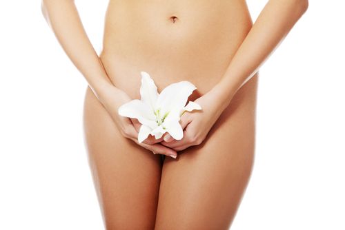Woman holding lily flower over vagina