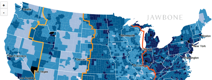 Jawbone map shows exactly ach county in the country typically falls asleep
