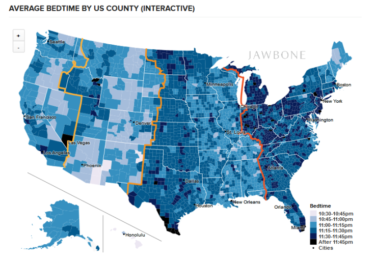 Average bedtime by US county