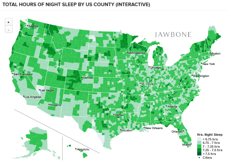 Total hours of night sleep by each county