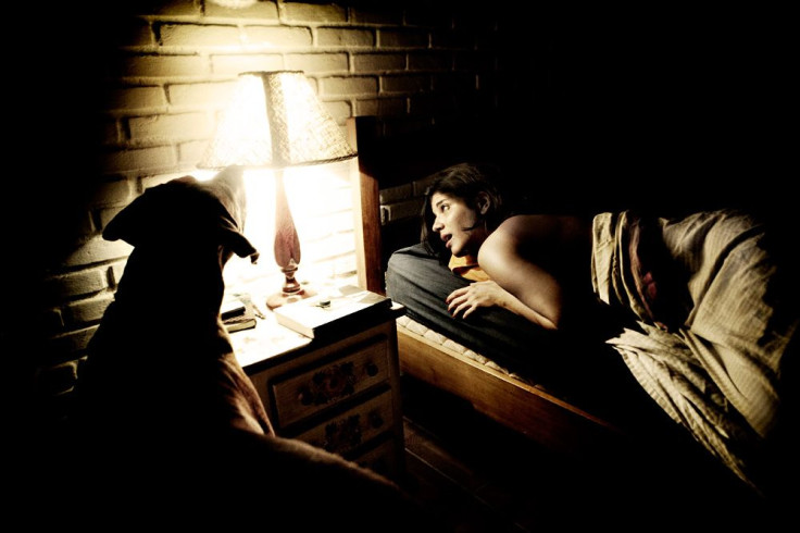 Woman in bed looking at light with dog by side