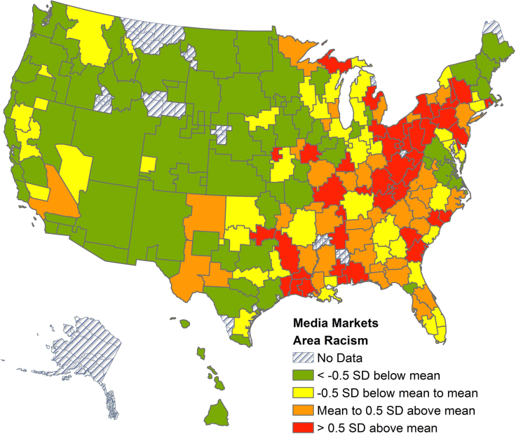 Proportion of Google queries containing the “N-word” by designated market area, 2004–2007.