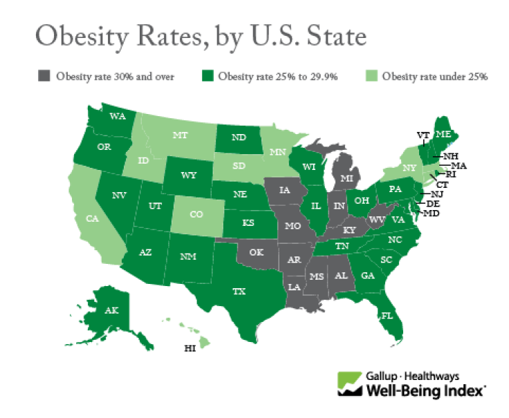 US map of state's obesity rates