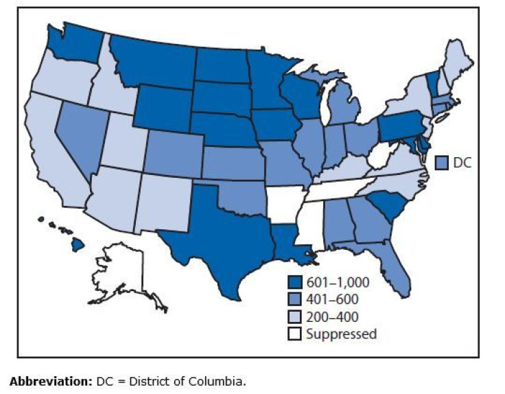 Annual rate, by state, of self-reported DUI episodes per 1,000 adults 