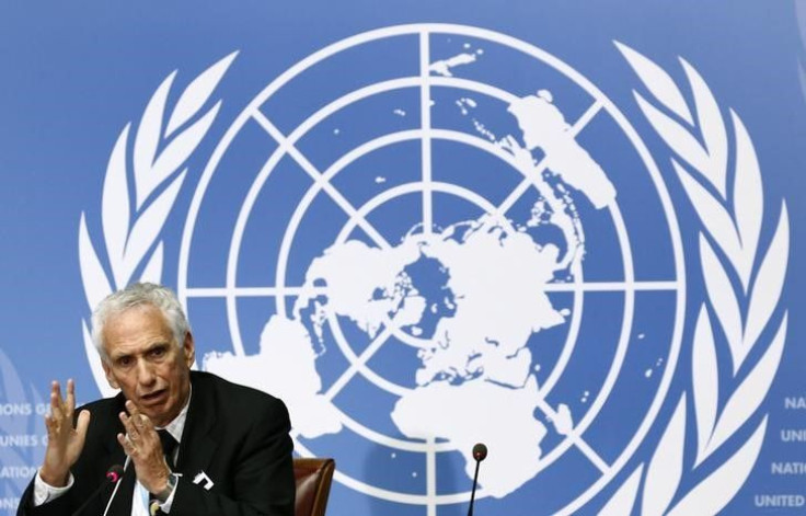 Jon S. Abramson speaks during a news conference at the UN. 