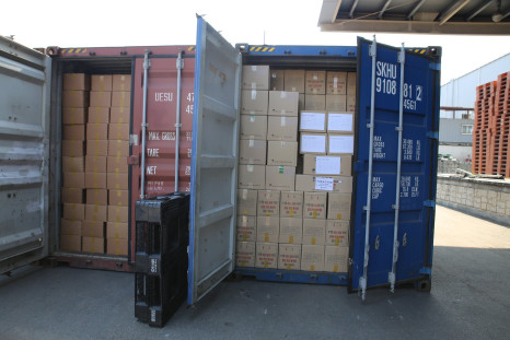 Medicine supplies stacked in containers are seen after shipments to North Korea were delayed at a port in Pyeongtaek, South Korea, February 25, 2016, in this handout photo released by the Eugene Bell Foundation.
