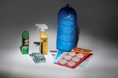 An anti Zika virus kit, including a bug net, mosquito repellent, condoms, literature and anti mosquito dunks, is pictured in this April 29, 2016 photo illustration.
