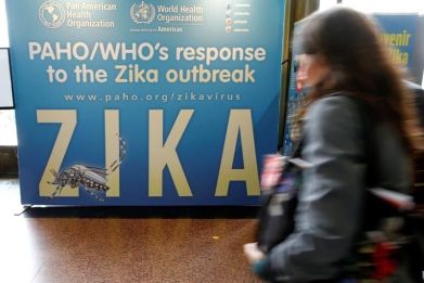Material to prevent Zika infection by mosquitoes are displayed at the 69th World Health Assembly at the United Nations European headquarters in Geneva, Switzerland.
