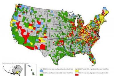 Map shows counties with opioid high-risk, which includes low rate of medication for treatment of opioid use disorder providers and high rates of opioid overdose death (red).